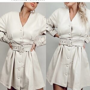 Elegant pleather Cream Belted Dress